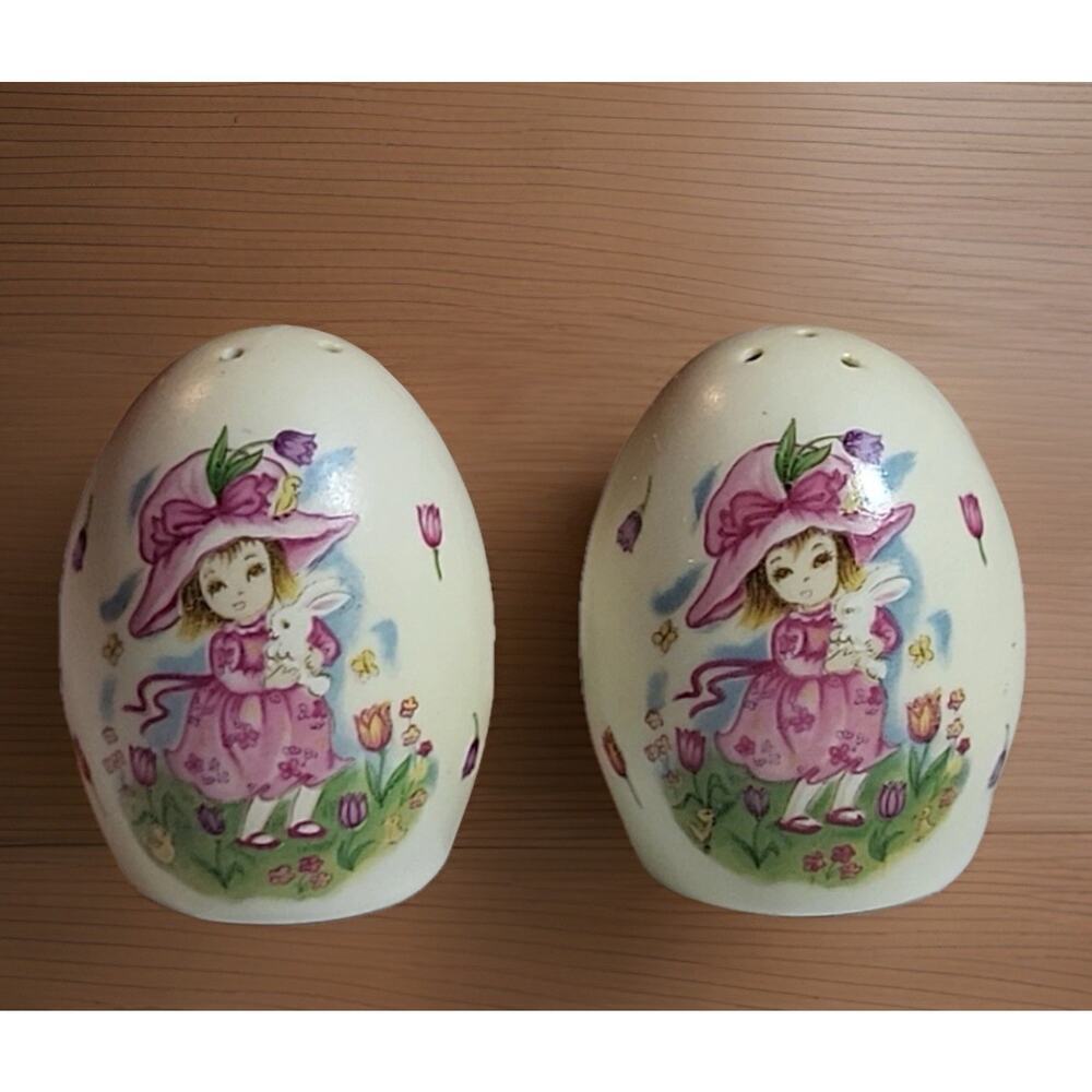 Vintage Lefton #8214 Egg Shape Salt & Pepper Shakers Easter Girl Bonnet w/Bunny